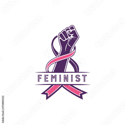 Feminist symbol featuring a raised fist and a pink ribbon illustration