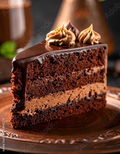 Slice of rich, layered chocolate cake, frosted with icing