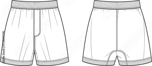 Technical fashion flat of men's shorts, front and back view, elastic waistband, vector apparel sketch, garment design, clothing template, illustration