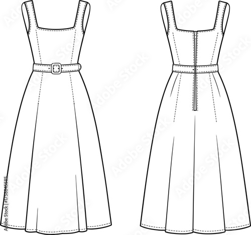 Technical fashion illustration, sleeveless midi dress with belt, square neckline, princess seams, flared skirt, front and back view, garment construction vector