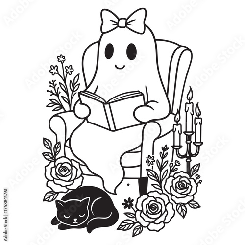 Cute ghost with bow reads on an armchair, surrounded by flowers, candles, and a sleeping cat.  