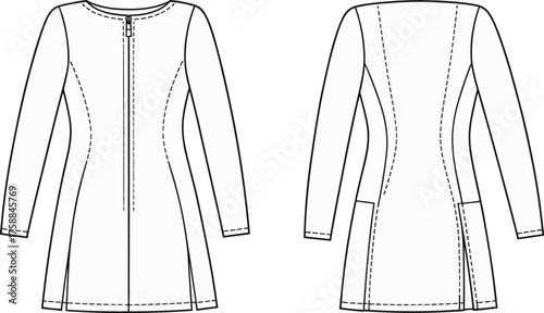 Technical fashion sketch of long sleeve tunic dress, front and back view, princess seams, zipper closure, patch pockets, garment design, vector illustration