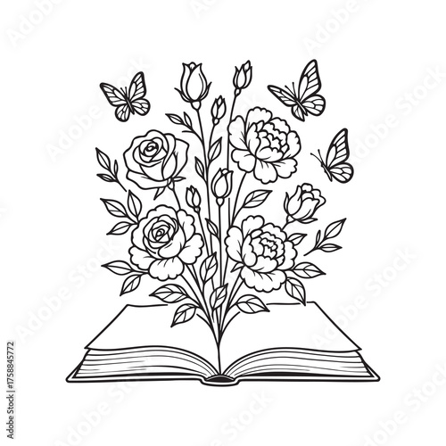 Symbolic open book with detailed flowers and butterflies. Black and white line art vector illustration