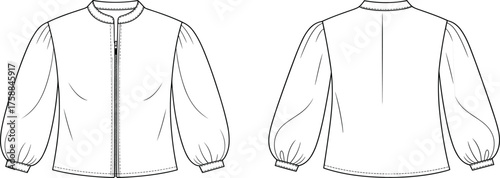 Technical fashion sketch of puff sleeve blouse, front and back view, zipper closure, round neckline, back pleat, garment design, vector illustration