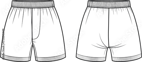 Technical fashion sketch, elastic waist shorts with pleats, front and back view, contour seam detail, garment construction, sewing pattern, vector illustration