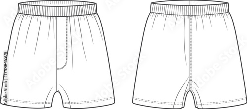 Technical fashion sketch, elastic waist shorts, mock fly detail, front and back view, garment construction, sewing pattern, vector illustration, flat design