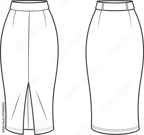 Technical fashion sketch, pencil skirt front and back view, high waist design, garment construction, vector illustration for apparel pattern making