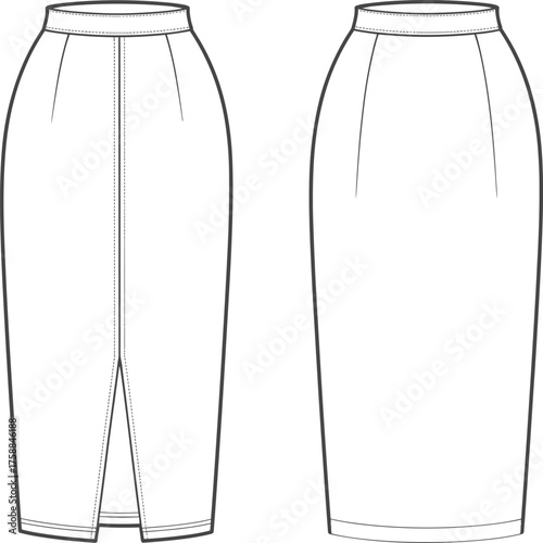 Technical fashion sketch, pencil skirt back and front view, mid-calf length, high waist, garment construction, vector illustration for pattern making