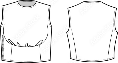 Technical fashion sketch, sleeveless ruched crop top, round neckline, bust detail, front and back view, garment construction, sewing pattern vector