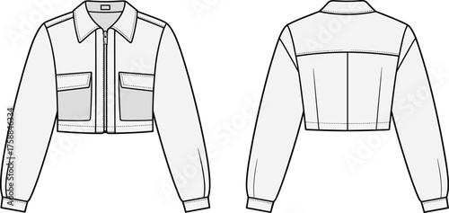 Technical flat sketch of cropped jacket, front and back view, zipper closure, flap pockets, pointed collar, garment construction, fashion design vector