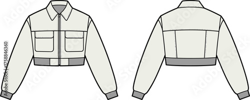 Technical flat sketch of cropped jacket, front and back view, zipper closure, flap pockets, pointed collar, garment construction, fashion vector illustration