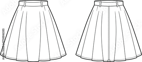 Technical skirt fashion illustration, front and back view, flared panel design, waistband with belt loops, garment construction, vector drawing, apparel template