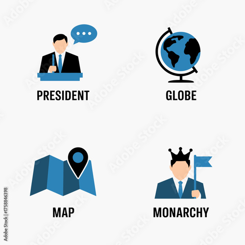 Global Leadership Icons Set: President, Globe, Map & Monarchy Concept Illustration.