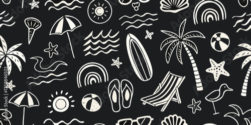 Charming hand drawn summer beach vacation icons pattern on black background