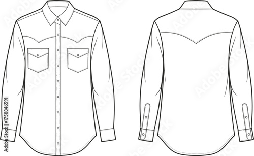 Western shirt vector, long sleeve fashion sketch, front and back view, pointed yoke design, garment illustration, chest pockets, buttoned cuffs, apparel template