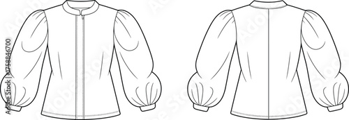 Women's blouse fashion illustration, technical flat sketch, puff sleeve garment design, front and back view, zipper closure, princess seams, vector template