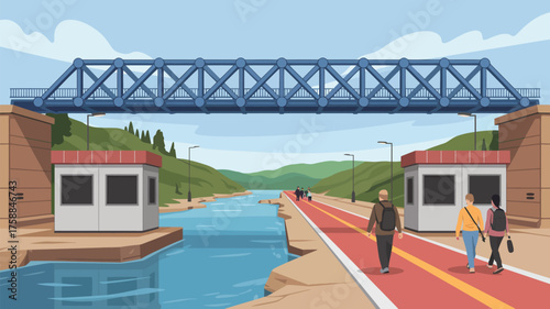 Illustration of a blue bridge over a river with people walking on a path and buildings on the sides
