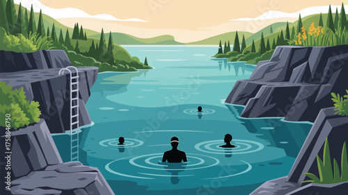 Illustration of people swimming in a lake surrounded by rocks and trees on a sunny day scene view