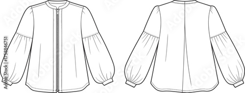 Women's blouse technical illustration, fashion flat sketch, long sleeve design, front and back view, zipper closure, round neckline, vector template