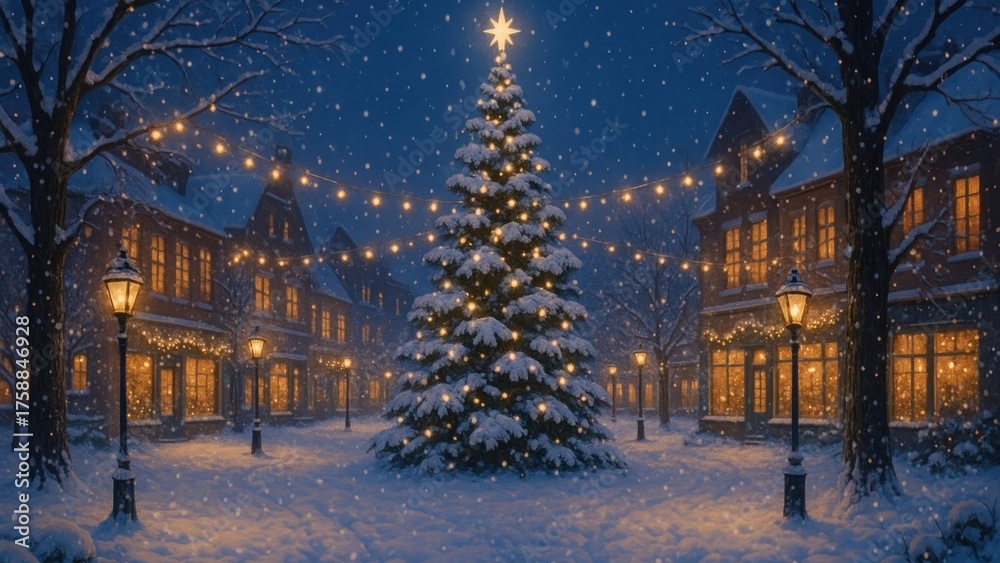 Obraz premium Snowy festive village night wallpaper for desktop