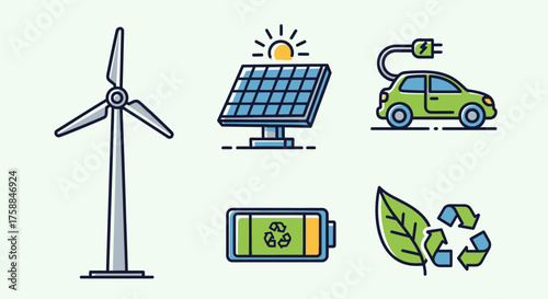 Icons for renewable energy wind turbine, solar panel, electric car, battery, leaf, recycle symbol