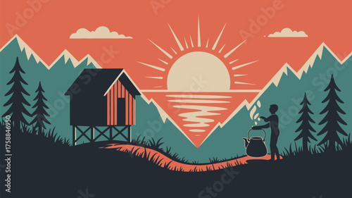 Illustration of a cabin near mountains with a person holding a kettle at sunset scene in nature