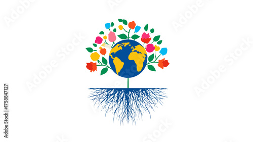 Vibrant Earth globe with colorful flowers and green leaves, rooted in nature, symbolizing global growth and environmental sustainability.
