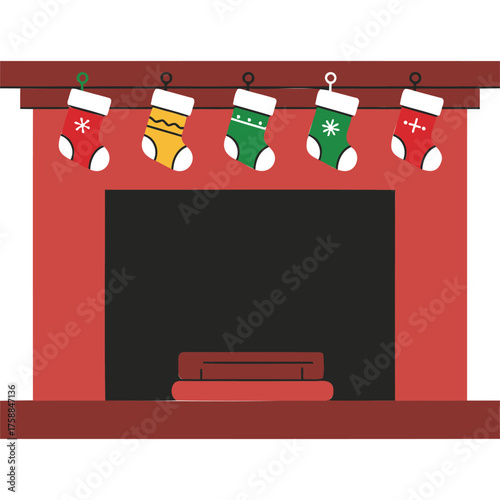 Cartoon fireplace with Christmas stockings hanging on the mantel holiday decoration celebration winter