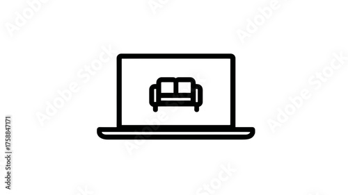 Digital Home Decor & Furniture Shopping Concept: Laptop with Sofa Icon. Online Interior Design, E-commerce, Virtual Staging.