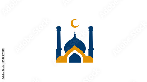 Modern vector illustration of a mosque featuring a prominent dome, tall minarets, and a crescent moon, symbolizing Islamic architecture, worship, and faith.