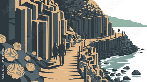 A couple walking along a coastal path with basalt columns and seashells on the ground near the ocean view