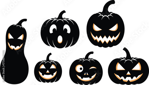 Halloween pumpkin silhouettes, spooky jack-o'-lantern faces, scary expressions, black vector icons, festive decoration, eerie design, October holiday clipart, isolated graphic