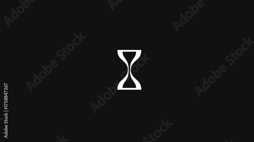 Sleek white abstract hourglass symbol on a stark black background, minimalistic graphic design representing time, waiting, and progress.