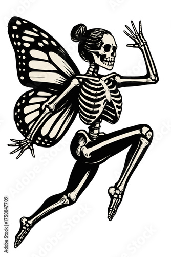 Skeleton with Butterfly Wings in Mid-Air Pose Black and White Surreal Line Art