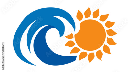 Stylized blue ocean wave and bright orange sun icon. Abstract symbol for summer, beach vacation, tropical travel, and good weather.