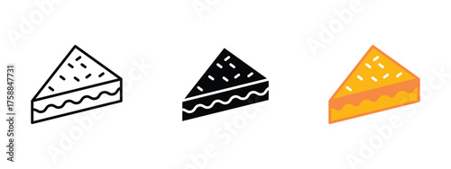 Sandwich icon in EPS format on a white background, designed in stroke, solid, flat color, and shaded styles. Ideal for food, snack, fast food, menu, lunch, and culinary themes.
