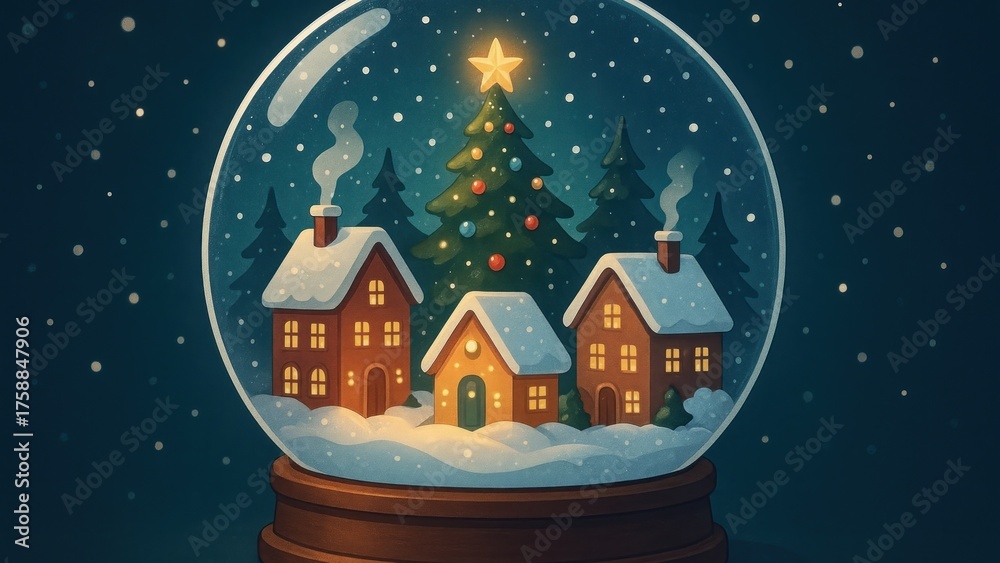 Fototapeta premium Cozy winter village snow globe wallpaper for desktop