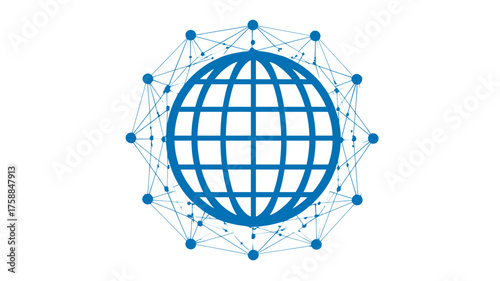 Blue globe with interconnected network points, symbolizing global digital communication, technology, worldwide connectivity, and data transfer concept.