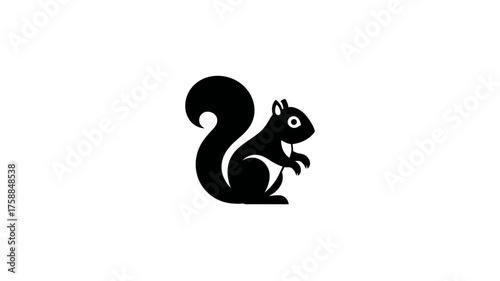 Minimalist black squirrel silhouette vector icon on a clean white background, simple design for animal-themed graphics and logos.