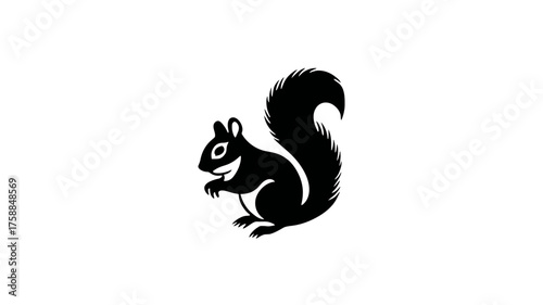 Black squirrel silhouette illustration on a white background, minimalist animal graphic design, vector icon, wildlife concept element.