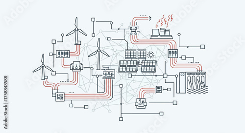 Diagram illustrating interconnected renewable and conventional energy sources feeding a grid