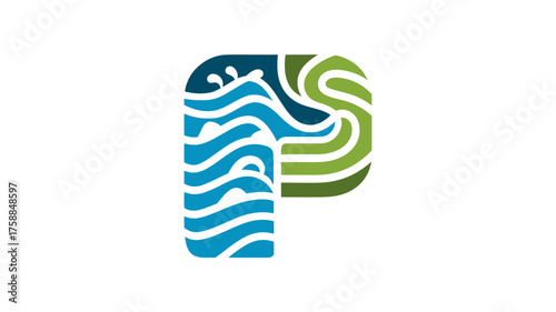 Stylized letter P design with abstract blue water waves and flowing green organic shapes, symbolizing nature and environmental balance