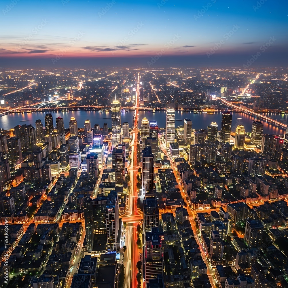 Obraz premium A vibrant cityscape glows at twilight, showcasing a network of illuminated roads and towering buildings, stretching across a wide river valley.