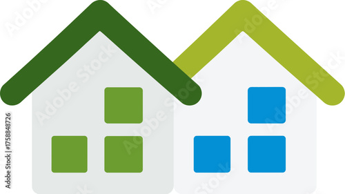 Modern stylized house icons representing real estate, residential property, housing, community, and neighborhood concepts in a flat design.