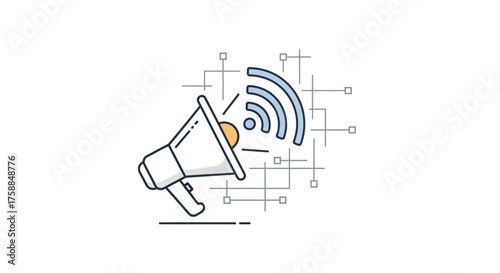 A minimalist illustration of a megaphone with sound waves emanating, on a grid