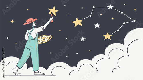 A person painting stars in the night sky connecting them to form a constellation above the clouds