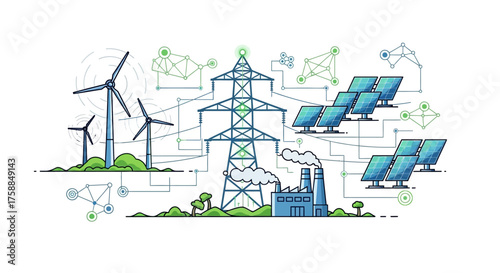 Renewable energy sources connect to power grid, illustration of sustainable electricity generation