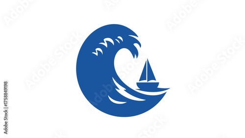 Stylized blue sailboat riding a powerful ocean wave. Graphic illustration for nautical adventure, sea travel, and challenge concepts.