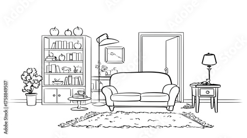 Black and white line art illustration of a cozy living room interior with sofa, bookshelf, lamps, potted plant, and coffee table