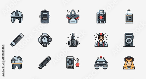 Collection of flat design icons depicting safety gear, equipment, and tools